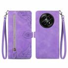 For Realme 12 Embossed Flower Zipper Leather Phone Case(Purple) - 1