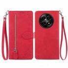For Realme 12 Embossed Flower Zipper Leather Phone Case(Red) - 1