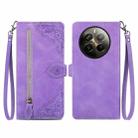 For Realme 12 Pro+ Embossed Flower Zipper Leather Phone Case(Purple) - 1