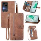 For vivo S18 Embossed Flower Zipper Leather Phone Case(Brown) - 1