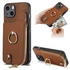 For iPhone 14 Cross Leather Ring Vertical Zipper Wallet Back Phone Case(Brown) - 1