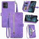 For  Motorola Moto  G14 Embossed Flower Zipper Leather Phone Case(Purple) - 1
