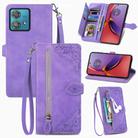 For Motorola Moto G84 Embossed Flower Zipper Leather Phone Case(Purple) - 1