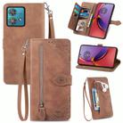 For Motorola Moto G84 Embossed Flower Zipper Leather Phone Case(Brown) - 1