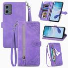 For Motorola Moto G 5G 2023 Embossed Flower Zipper Leather Phone Case(Purple) - 1