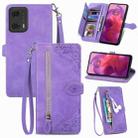 For Motorola  Moto G24 Embossed Flower Zipper Leather Phone Case(Purple) - 1