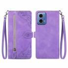 For Motorola Moto G34  5G Embossed Flower Zipper Leather Phone Case(Purple) - 1