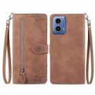 For Motorola Moto G34  5G Embossed Flower Zipper Leather Phone Case(Brown) - 1