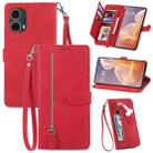 For Motorola Moto G 85 Embossed Flower Zipper Leather Phone Case(Red) - 1