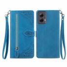 For Motorola Moto G Power 5G 2024 Embossed Flower Zipper Leather Phone Case(Blue) - 1