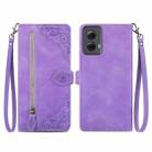 For Motorola Moto G Power 5G 2024 Embossed Flower Zipper Leather Phone Case(Purple) - 1