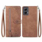 For Motorola Moto G Power 5G 2024 Embossed Flower Zipper Leather Phone Case(Brown) - 1