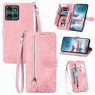 For Motorola Edge 2024 Embossed Flower Zipper Leather Phone Case(Pink) - 1