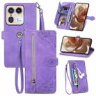 For Motorola Edge 50 Ultra Embossed Flower Zipper Leather Phone Case(Purple) - 1