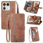 For Motorola Edge 50 Ultra Embossed Flower Zipper Leather Phone Case(Brown) - 1