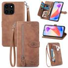 For Honor X6a Embossed Flower Zipper Leather Phone Case(Brown) - 1