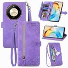 For Honor X50 Embossed Flower Zipper Leather Phone Case(Purple) - 1