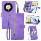 For Honor X9b Embossed Flower Zipper Leather Phone Case(Purple) - 1