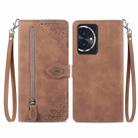 For Honor 100 Embossed Flower Zipper Leather Phone Case(Brown) - 1