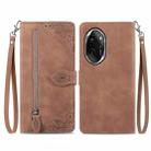 For Honor 100 Pro Embossed Flower Zipper Leather Phone Case(Brown) - 1