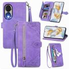 For Honor 90 Embossed Flower Zipper Leather Phone Case(Purple) - 1