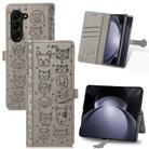 For Samsung Galaxy Z Fold5 5G Cat and Dog Embossed Leather Phone Case(Grey) - 1