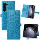 For Samsung Galaxy Z Fold5 5G Cat and Dog Embossed Leather Phone Case(Blue) - 1