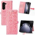 For Samsung Galaxy Z Fold5 5G Cat and Dog Embossed Leather Phone Case(Pink) - 1