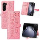 For Samsung Galaxy Z Fold5 5G Cat and Dog Embossed Leather Phone Case(Pink) - 1