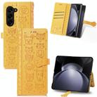 For Samsung Galaxy Z Fold5 5G Cat and Dog Embossed Leather Phone Case(Yellow) - 1