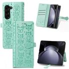 For Samsung Galaxy Z Fold5 5G Cat and Dog Embossed Leather Phone Case(Green) - 1