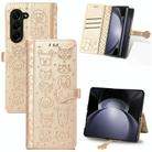 For Samsung Galaxy Z Fold5 5G Cat and Dog Embossed Leather Phone Case(Gold) - 1