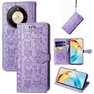 For Honor X50 Cat and Dog Embossed Leather Phone Case(Purple) - 1