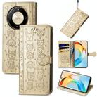 For Honor X50 Cat and Dog Embossed Leather Phone Case(Gold) - 1