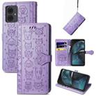 For Motorola Moto G14 Cat and Dog Embossed Leather Phone Case(Purple) - 1