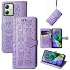 For Motorola Moto G54 5G Cat and Dog Embossed Leather Phone Case(Purple) - 1