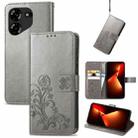 For Tecno Pova 5 4G Four-leaf Clasp Embossed Buckle Leather Phone Case(Grey) - 1