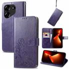 For Tecno Pova 5 4G Four-leaf Clasp Embossed Buckle Leather Phone Case(Purple) - 1