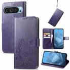 For Google Pixel 9 Four-leaf Clasp Embossed Leather Phone Case(Purple) - 1