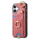 For iPhone 16 Retro Skin-feel Ring Card Bag Phone Case with Hang Loop(Pink) - 2