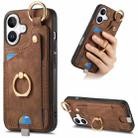 For iPhone 16 Plus Retro Skin-feel Ring Card Bag Phone Case with Hang Loop(Brown) - 1