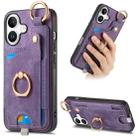 For iPhone 16 Plus Retro Skin-feel Ring Card Bag Phone Case with Hang Loop(Purple) - 1