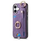 For iPhone 16 Plus Retro Skin-feel Ring Card Bag Phone Case with Hang Loop(Purple) - 2