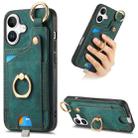 For iPhone 16 Plus Retro Skin-feel Ring Card Bag Phone Case with Hang Loop(Green) - 1