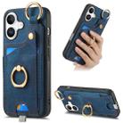 For iPhone 16 Plus Retro Skin-feel Ring Card Bag Phone Case with Hang Loop(Blue) - 1