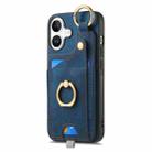 For iPhone 16 Plus Retro Skin-feel Ring Card Bag Phone Case with Hang Loop(Blue) - 2