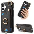 For iPhone 16 Plus Retro Skin-feel Ring Card Bag Phone Case with Hang Loop(Black) - 1