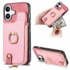 For iPhone 16 Plus Cross Leather Ring Vertical Zipper Wallet Back Phone Case(Pink) - 1