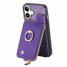 For iPhone 16 Plus Cross Leather Ring Vertical Zipper Wallet Back Phone Case(Purple) - 3