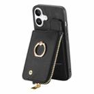 For iPhone 16 Plus Cross Leather Ring Vertical Zipper Wallet Back Phone Case(Black) - 3